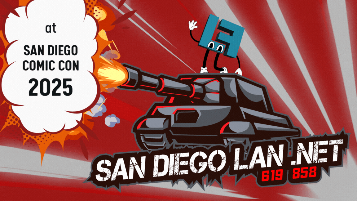 Lanny riding the San Diego LAN Logo Tank, which is shooting out the text "at San Diego Comic Con 2025".